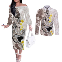 Brown and White Hawaii Shark Tattoo Couples Matching Off The Shoulder Long Sleeve Dress and Long Sleeve Button Shirt Puakenikeni Lei Plumeria Polynesian Pattern LT14 White - Polynesian Pride