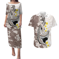 Brown and White Hawaii Shark Tattoo Couples Matching Puletasi and Hawaiian Shirt Puakenikeni Lei Plumeria Polynesian Pattern LT14 White - Polynesian Pride