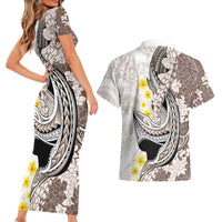 Brown and White Hawaii Shark Tattoo Couples Matching Short Sleeve Bodycon Dress and Hawaiian Shirt Puakenikeni Lei Plumeria Polynesian Pattern LT14 - Polynesian Pride