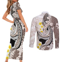 Brown and White Hawaii Shark Tattoo Couples Matching Short Sleeve Bodycon Dress and Long Sleeve Button Shirt Puakenikeni Lei Plumeria Polynesian Pattern LT14 - Polynesian Pride