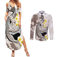 Brown and White Hawaii Shark Tattoo Couples Matching Summer Maxi Dress and Long Sleeve Button Shirt Puakenikeni Lei Plumeria Polynesian Pattern LT14 White - Polynesian Pride