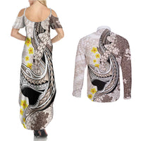Brown and White Hawaii Shark Tattoo Couples Matching Summer Maxi Dress and Long Sleeve Button Shirt Puakenikeni Lei Plumeria Polynesian Pattern LT14 - Polynesian Pride