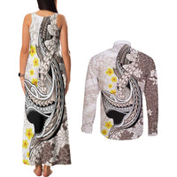 Brown and White Hawaii Shark Tattoo Couples Matching Tank Maxi Dress and Long Sleeve Button Shirt Puakenikeni Lei Plumeria Polynesian Pattern LT14 - Polynesian Pride