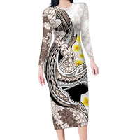 Brown and White Hawaii Shark Tattoo Family Matching Long Sleeve Bodycon Dress and Hawaiian Shirt Puakenikeni Lei Plumeria Polynesian Pattern LT14 Mom's Dress White - Polynesian Pride