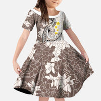 Brown and White Hawaii Shark Tattoo Family Matching Off The Shoulder Long Sleeve Dress and Hawaiian Shirt Puakenikeni Lei Plumeria Polynesian Pattern LT14 Daughter's Dress White - Polynesian Pride