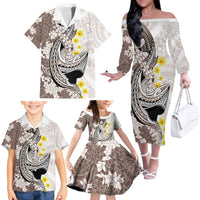 Brown and White Hawaii Shark Tattoo Family Matching Off The Shoulder Long Sleeve Dress and Hawaiian Shirt Puakenikeni Lei Plumeria Polynesian Pattern LT14 - Polynesian Pride