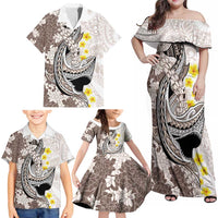 Brown and White Hawaii Shark Tattoo Family Matching Off Shoulder Maxi Dress and Hawaiian Shirt Puakenikeni Lei Plumeria Polynesian Pattern LT14 - Polynesian Pride