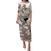 Brown and White Hawaii Shark Tattoo Family Matching Puletasi and Hawaiian Shirt Puakenikeni Lei Plumeria Polynesian Pattern LT14 Mom's Dress White - Polynesian Pride