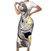 Brown and White Hawaii Shark Tattoo Family Matching Short Sleeve Bodycon Dress and Hawaiian Shirt Puakenikeni Lei Plumeria Polynesian Pattern LT14 Mom's Dress White - Polynesian Pride