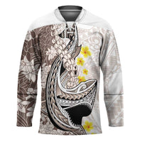 Brown and White Hawaii Shark Tattoo Hockey Jersey Puakenikeni Lei Plumeria Polynesian Pattern - Polynesian Pride