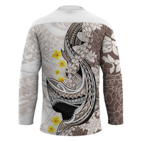 Brown and White Hawaii Shark Tattoo Hockey Jersey Puakenikeni Lei Plumeria Polynesian Pattern - Polynesian Pride