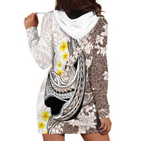Brown and White Hawaii Shark Tattoo Hoodie Dress Puakenikeni Lei Plumeria Polynesian Pattern LT14 - Polynesian Pride