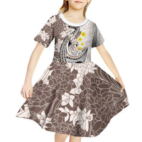Brown and White Hawaii Shark Tattoo Kid Short Sleeve Dress Puakenikeni Lei Plumeria Polynesian Pattern LT14 - Polynesian Pride