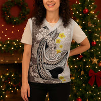 Brown and White Hawaii Shark Tattoo Christmas Knitted V-Neck Vest Puakenikeni Lei Plumeria Polynesian Pattern LT14 - Polynesian Pride