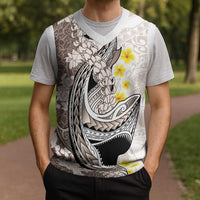Brown and White Hawaii Shark Tattoo Christmas Knitted V-Neck Vest Puakenikeni Lei Plumeria Polynesian Pattern LT14 - Polynesian Pride