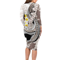Brown and White Hawaii Shark Tattoo Long Sleeve Bodycon Dress Puakenikeni Lei Plumeria Polynesian Pattern LT14 - Polynesian Pride