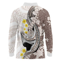Brown and White Hawaii Shark Tattoo Long Sleeve Polo Shirt Puakenikeni Lei Plumeria Polynesian Pattern LT14 - Polynesian Pride