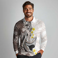 Brown and White Hawaii Shark Tattoo Long Sleeve Polo Shirt Puakenikeni Lei Plumeria Polynesian Pattern LT14 - Polynesian Pride