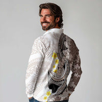 Brown and White Hawaii Shark Tattoo Long Sleeve Polo Shirt Puakenikeni Lei Plumeria Polynesian Pattern LT14 - Polynesian Pride