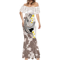Brown and White Hawaii Shark Tattoo Mermaid Dress Puakenikeni Lei Plumeria Polynesian Pattern LT14 - Polynesian Pride