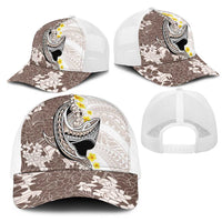 Brown and White Hawaii Shark Tattoo Mesh Trucker Cap Puakenikeni Lei Plumeria Polynesian Pattern - Polynesian Pride