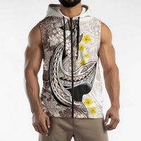 Brown and White Hawaii Shark Tattoo Sleeveless Zip Hoodie Puakenikeni Lei Plumeria Polynesian Pattern LT14 - Polynesian Pride