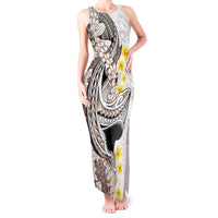 Brown and White Hawaii Shark Tattoo Tank Maxi Dress Puakenikeni Lei Plumeria Polynesian Pattern LT14 Women White - Polynesian Pride