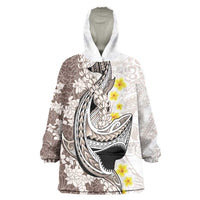 Brown and White Hawaii Shark Tattoo Wearable Blanket Hoodie Puakenikeni Lei Plumeria Polynesian Pattern LT14 One Size White - Polynesian Pride