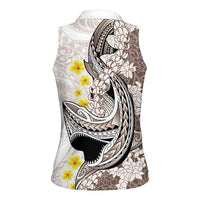 Brown and White Hawaii Shark Tattoo Women Sleeveless Polo Shirt Puakenikeni Lei Plumeria Polynesian Pattern LT14 - Polynesian Pride