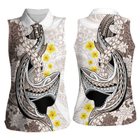 Brown and White Hawaii Shark Tattoo Women Sleeveless Polo Shirt Puakenikeni Lei Plumeria Polynesian Pattern LT14 - Polynesian Pride