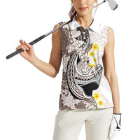 Brown and White Hawaii Shark Tattoo Women Sleeveless Polo Shirt Puakenikeni Lei Plumeria Polynesian Pattern LT14 - Polynesian Pride