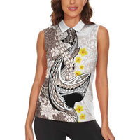 Brown and White Hawaii Shark Tattoo Women Sleeveless Polo Shirt Puakenikeni Lei Plumeria Polynesian Pattern LT14 - Polynesian Pride