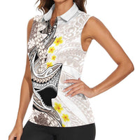 Brown and White Hawaii Shark Tattoo Women Sleeveless Polo Shirt Puakenikeni Lei Plumeria Polynesian Pattern LT14 - Polynesian Pride