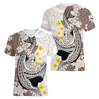 Brown and White Hawaii Shark Tattoo Women V-Neck T-Shirt Puakenikeni Lei Plumeria Polynesian Pattern LT14 - Polynesian Pride