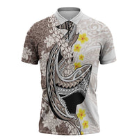 Brown and White Hawaii Shark Tattoo Zipper Polo Shirt Puakenikeni Lei Plumeria Polynesian Pattern LT14 White - Polynesian Pride