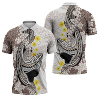 Brown and White Hawaii Shark Tattoo Zipper Polo Shirt Puakenikeni Lei Plumeria Polynesian Pattern LT14 - Polynesian Pride