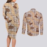 Khaki Palaka Hawaii Cowboy Couples Matching Long Sleeve Bodycon Dress and Long Sleeve Button Shirt Puakenikeni Lei Paniolo Papale Seamless Vibes LT14 - Polynesian Pride