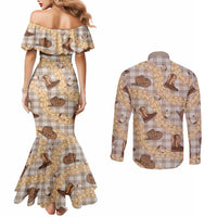 Khaki Palaka Hawaii Cowboy Couples Matching Mermaid Dress and Long Sleeve Button Shirt Puakenikeni Lei Paniolo Papale Seamless Vibes LT14 - Polynesian Pride