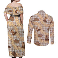 Khaki Palaka Hawaii Cowboy Couples Matching Off Shoulder Maxi Dress and Long Sleeve Button Shirt Puakenikeni Lei Paniolo Papale Seamless Vibes LT14 - Polynesian Pride
