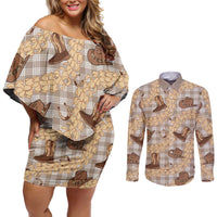 Khaki Palaka Hawaii Cowboy Couples Matching Off Shoulder Short Dress and Long Sleeve Button Shirt Puakenikeni Lei Paniolo Papale Seamless Vibes LT14 Khaki - Polynesian Pride