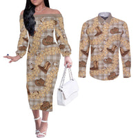 Khaki Palaka Hawaii Cowboy Couples Matching Off The Shoulder Long Sleeve Dress and Long Sleeve Button Shirt Puakenikeni Lei Paniolo Papale Seamless Vibes LT14 Khaki - Polynesian Pride