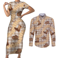 Khaki Palaka Hawaii Cowboy Couples Matching Short Sleeve Bodycon Dress and Long Sleeve Button Shirt Puakenikeni Lei Paniolo Papale Seamless Vibes LT14 Khaki - Polynesian Pride
