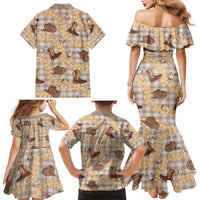 Khaki Palaka Hawaii Cowboy Family Matching Mermaid Dress and Hawaiian Shirt Puakenikeni Lei Paniolo Papale Seamless Vibes LT14 - Polynesian Pride