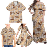 Khaki Palaka Hawaii Cowboy Family Matching Off Shoulder Maxi Dress and Hawaiian Shirt Puakenikeni Lei Paniolo Papale Seamless Vibes LT14 - Polynesian Pride