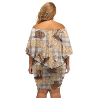 Khaki Palaka Hawaii Cowboy Family Matching Off Shoulder Short Dress and Hawaiian Shirt Puakenikeni Lei Paniolo Papale Seamless Vibes LT14 - Polynesian Pride