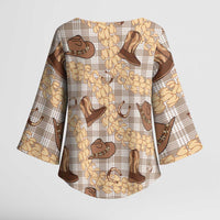Khaki Palaka Hawaii Cowboy Kimono Sleeve Blouse Puakenikeni Lei Paniolo Papale Seamless Vibes LT14 - Polynesian Pride