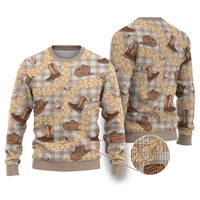 Khaki Palaka Hawaii Cowboy Ugly Christmas Sweater Puakenikeni Lei Paniolo Papale Seamless Vibes LT14 Khaki - Polynesian Pride