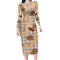 Khaki Palaka Hawaii Cowboy Long Sleeve Bodycon Dress Puakenikeni Lei Paniolo Papale Seamless Vibes LT14 Long Dress Khaki - Polynesian Pride