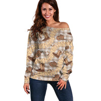 Khaki Palaka Hawaii Cowboy Off Shoulder Sweater Puakenikeni Lei Paniolo Papale Seamless Vibes LT14 Women Khaki - Polynesian Pride