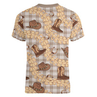 Khaki Palaka Hawaii Cowboy Women V-Neck T-Shirt Puakenikeni Lei Paniolo Papale Seamless Vibes LT14 - Polynesian Pride